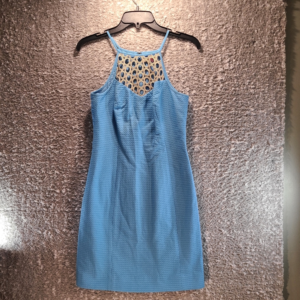 Lilly Pulitzer Larina Seaspray Blue Gold Lace Yoke Shift Dress Sz 0 Lined Cotton